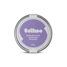Embalagem do Desodorante Cremoso Natural de Lavanda. Caixa redodnda de aluminio, com adesivo roxo com o nome do produto.